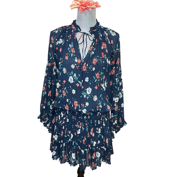 Anthropologie Current Air Navy Floral Flowy Ribbon Pleated Bell Sleeve Dress S - Picture 1 of 14